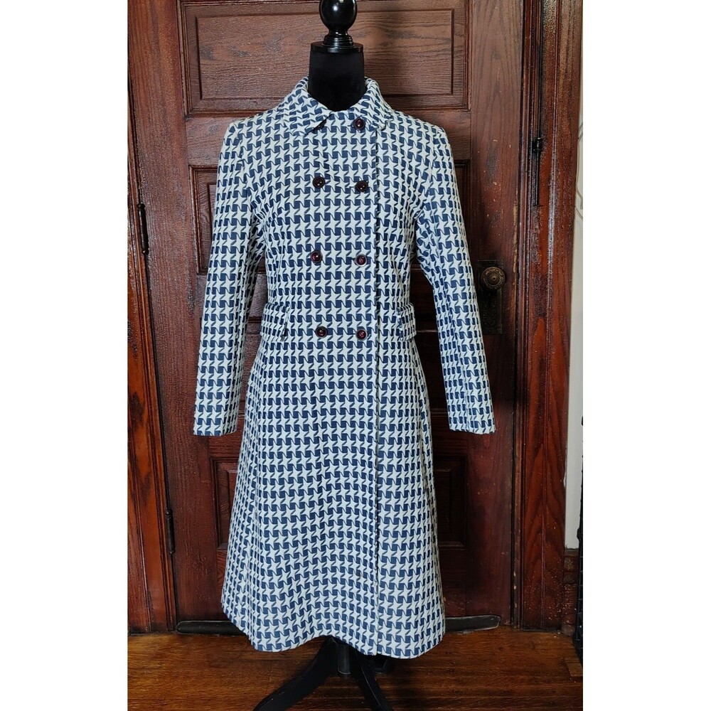 Mid Century Retro Navy & White VTG Houndstooth Double Breasted Coat Knee Length